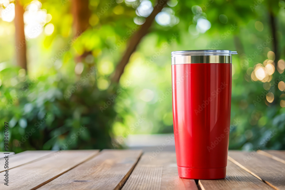 Red Travel Mug on Wooden Table with Green Background. Tumbler Mockup Red Travel Mug on Wooden Table with Green Background. Tumbler Mockup