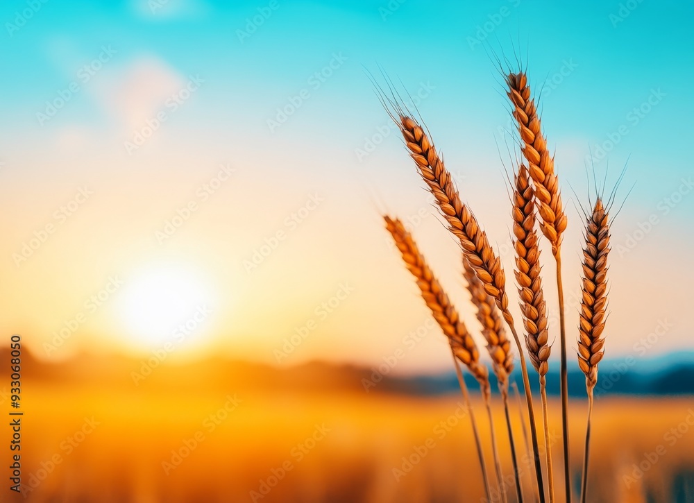 Wheat field at sunset with a beautiful sky. Golden wheat ears in the foreground Wheat field at sunset with a beautiful sky. Golden wheat ears in the foreground