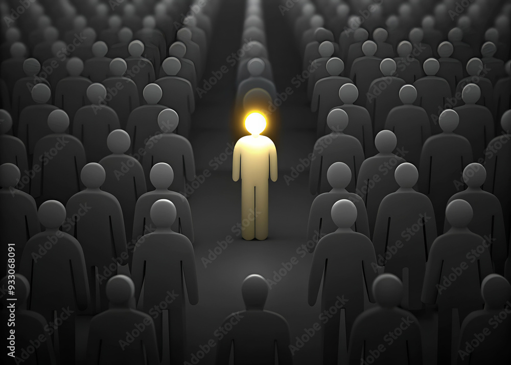 Fototapeta premium One man glowing among other people in dark condition, Leadership concept people standing in line