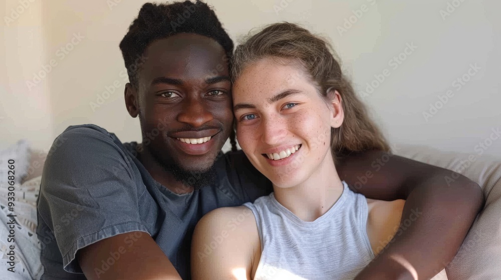 A bright, smiling interracial couple embraces each other lovingly, sharing their warmth and happiness in a sunlit room. A bright, smiling interracial couple embraces each other lovingly, sharing their warmth and happiness in a sunlit room.