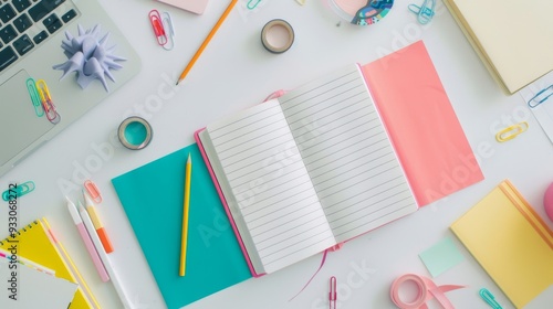 A vibrant and cheerful desk arrangement with colorful notebooks, stationery, and office accessories on a white background.