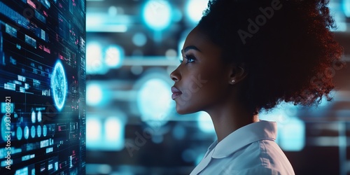 Black Female Doctor Analyzing AI Healthcare Data Hologram, Technology, Ai photo