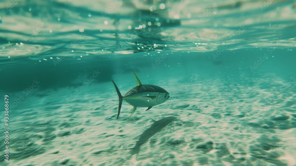 Obraz premium A sleek tuna swims gracefully in clear, turquoise waters, displaying its streamlined beauty in its natural aquatic habitat.