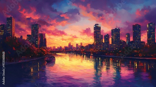 Cityscape Sunset Reflection in Water, Oil Painting Style