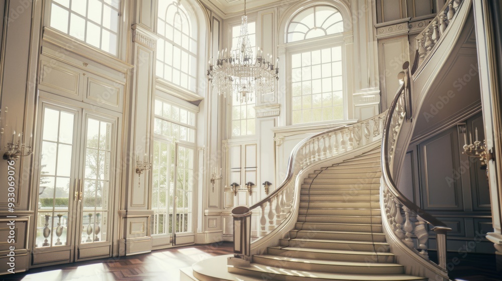 Obraz premium Grand staircase in a lavish foyer featuring high ceilings, large windows, and an exquisite chandelier, creating a majestic and opulent ambiance.