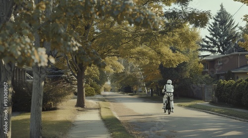 Wallpaper Mural A rider on a motorcycle travels down a serene tree-lined suburban street, bathed in late afternoon sunlight. Torontodigital.ca