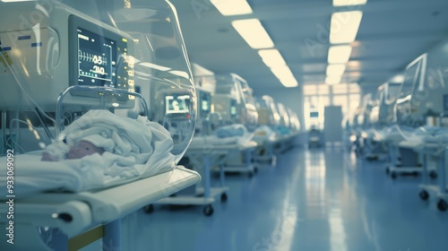 Rows of infant incubators in a neonatal intensive care unit, carefully monitoring and nurturing fragile newborns in a state-of-the-art medical facility. photo