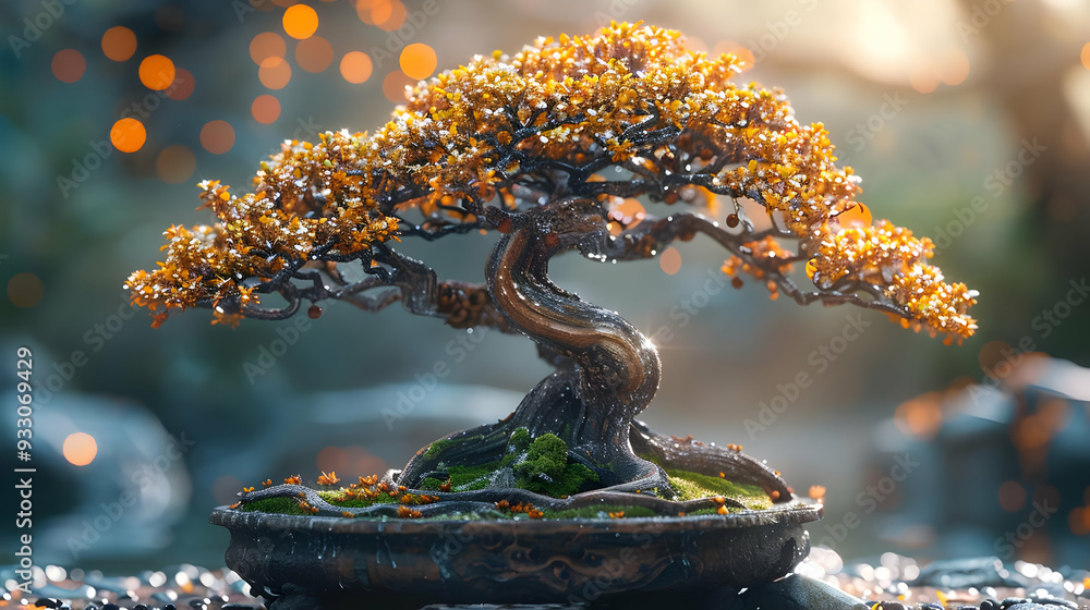 Obraz premium Bonsai Tree with Golden Leaves and Bokeh Lights 3D Illustration