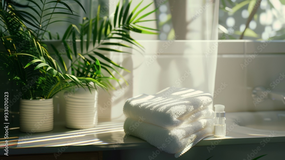 Sunlit bathroom scene featuring neatly folded white towels and potted plants on a countertop, bathed in soft, natural light. Sunlit bathroom scene featuring neatly folded white towels and potted plants on a countertop, bathed in soft, natural light.