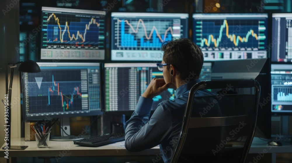 A focused trader sits at a desk, analyzing multiple financial charts on several monitors in a high-tech trading office, reflecting a fast-paced financial environment. A focused trader sits at a desk, analyzing multiple financial charts on several monitors in a high-tech trading office, reflecting a fast-paced financial environment.