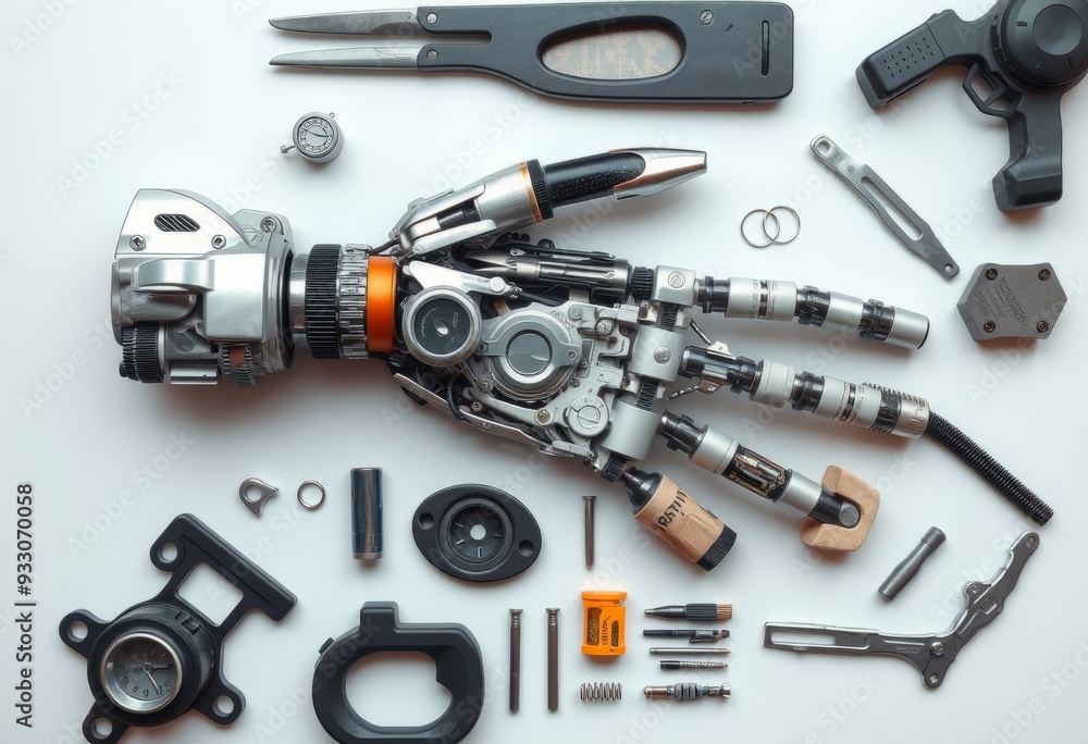 Cyborg Hand Flatlay An overhead view of mechanical and organic c Cyborg Hand Flatlay An overhead view of mechanical and organic c