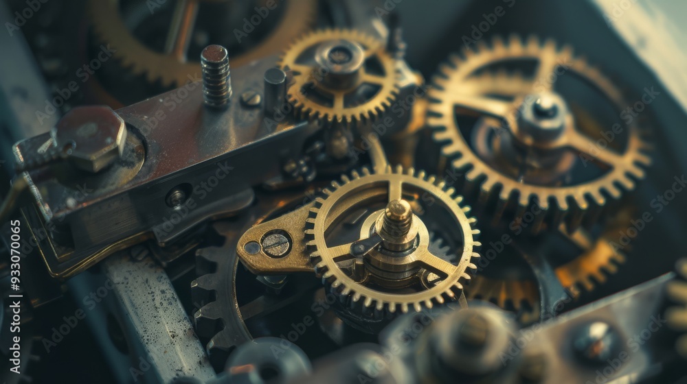 An intricate arrangement of golden and bronze gears and cogs, showcasing the mechanical precision and complexity of clockwork machinery. An intricate arrangement of golden and bronze gears and cogs, showcasing the mechanical precision and complexity of clockwork machinery.