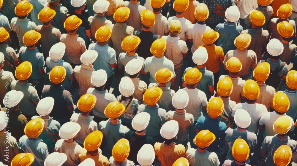 An overhead view of a diverse group of workers, wearing yellow and white hard hats, gathered closely together, showcasing teamwork and solidarity. An overhead view of a diverse group of workers, wearing yellow and white hard hats, gathered closely together, showcasing teamwork and solidarity.