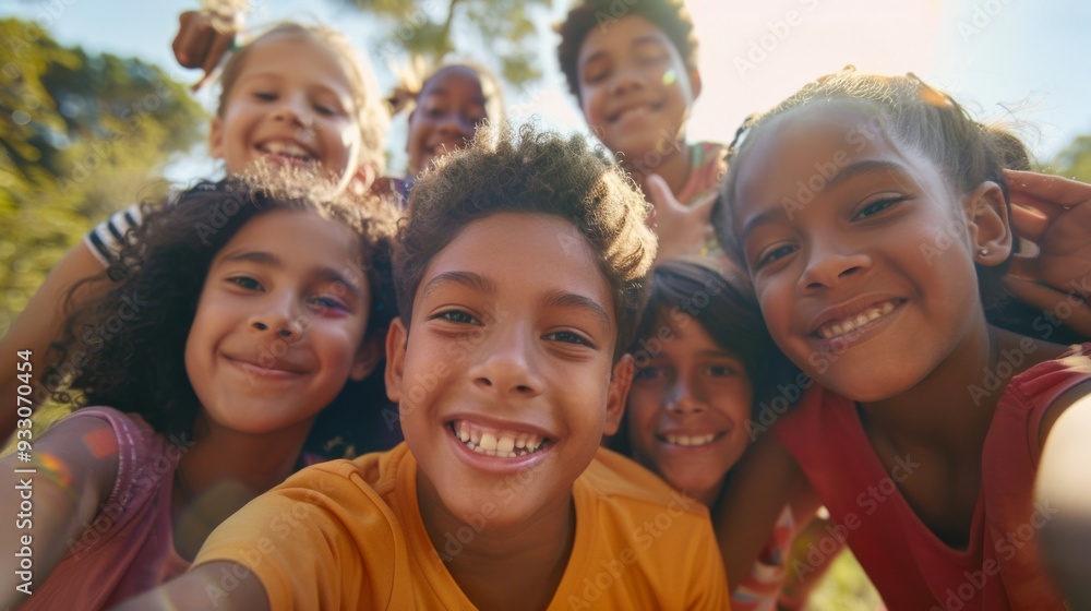 A group of cheerful children huddles together, beaming with joy and capturing a beautiful moment of friendship and fun under the sun. A group of cheerful children huddles together, beaming with joy and capturing a beautiful moment of friendship and fun under the sun.