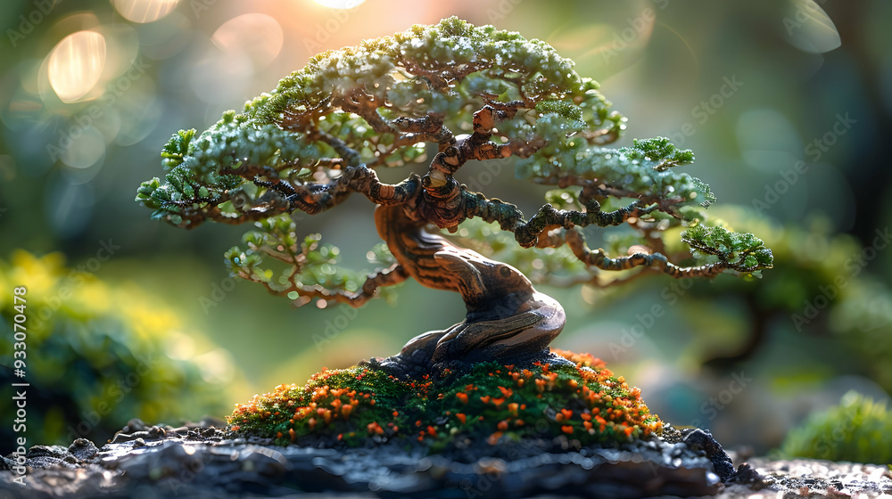 Fototapeta premium Bonsai Tree with Green Leaves and Twisted Branches in a Garden Photo