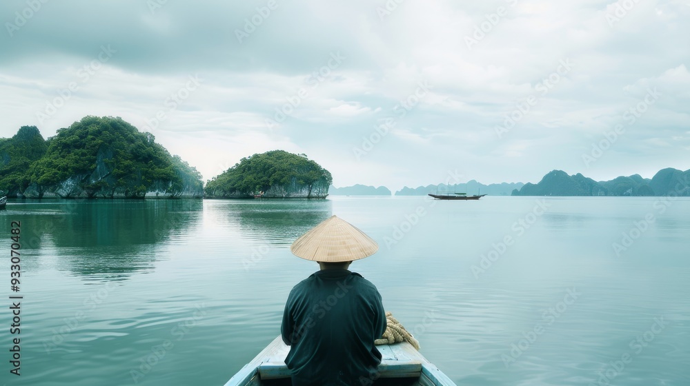 Fototapeta premium A serene scene of a person wearing a conical hat, sitting calmly on a boat, gazing at the tranquil waters and distant rocky islands under a cloudy sky.