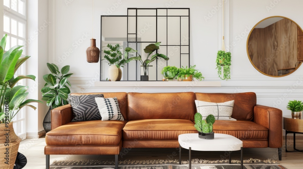 Cozy living room with a rich brown leather couch, eclectic decor, and indoor plants adding a touch of nature. Cozy living room with a rich brown leather couch, eclectic decor, and indoor plants adding a touch of nature.
