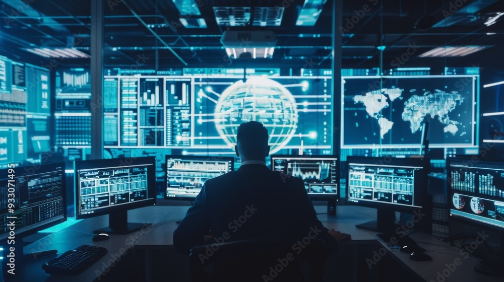 Back view of a person in a dark suit operating multiple screens in a tech-heavy control center, highlighting the complexity and technological prowess of the environment. Back view of a person in a dark suit operating multiple screens in a tech-heavy control center, highlighting the complexity and technological prowess of the environment.