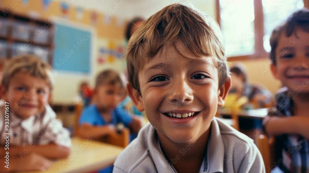 A young boy beams with joy in a vibrant classroom, surrounded by classmates, capturing the essence of youthful excitement and friendship. A young boy beams with joy in a vibrant classroom, surrounded by classmates, capturing the essence of youthful excitement and friendship.