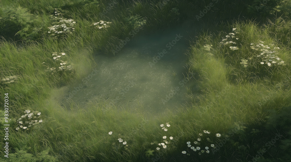 Cartoon Render of a Blind Box Scene with Green and Yellow Colors: Top View of Grass and Daisies Cartoon Render of a Blind Box Scene with Green and Yellow Colors: Top View of Grass and Daisies