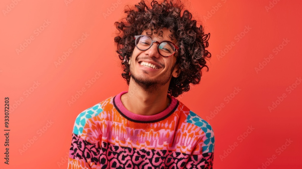 A young man with curly hair and glasses beams joyfully against a vibrant orange background, wearing a colorful, patterned sweater. A young man with curly hair and glasses beams joyfully against a vibrant orange background, wearing a colorful, patterned sweater.