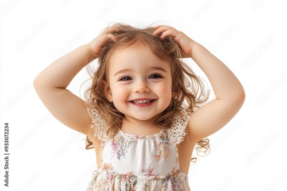 Smiling toddler girl with curly hair crossing her arms wearing a floral dress on a white background Smiling toddler girl with curly hair crossing her arms wearing a floral dress on a white background