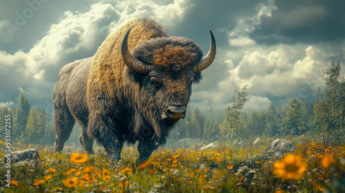 Majestic bison standing proud in a golden field, staring intensely at the viewer, surrounded by warm tones of a setting sun photo