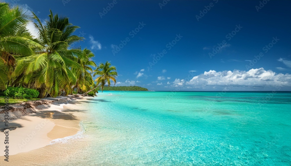 A tropical beach with turquoise waters and palm trees. A tropical beach with turquoise waters and palm trees.