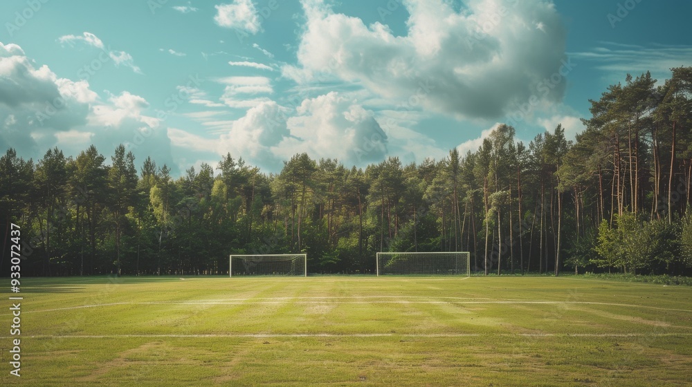 Obraz premium A serene soccer field bordered by dense forest, with dual goalposts and open sky, inviting and tranquil.