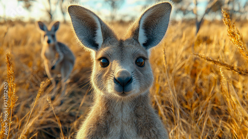  A majestic wild kangaroo captured mid-jump in the outback field during sunset, highlighting wildlife and nature