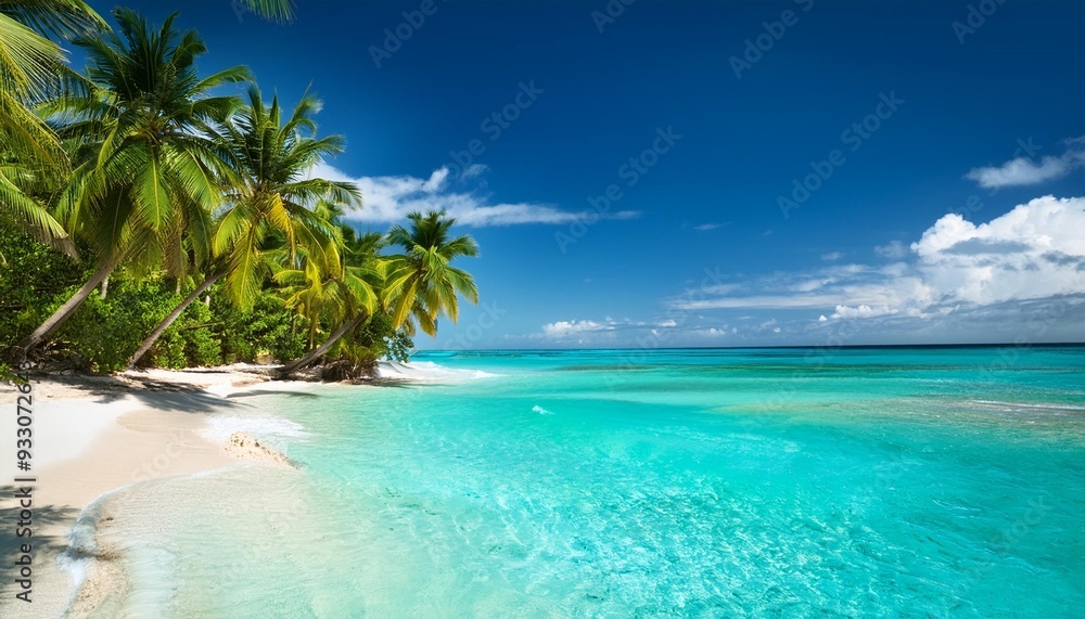 A tropical beach with turquoise waters and palm trees. A tropical beach with turquoise waters and palm trees.
