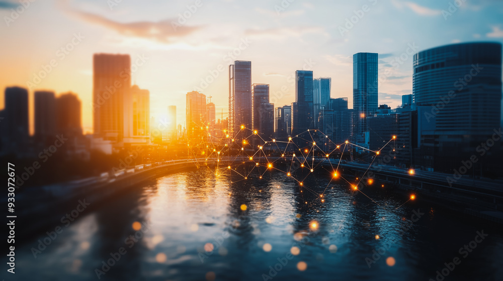 Obraz premium Abstract business team stands on the peak of success amid tall, innovative Smart city and graphs with statistics to analyze business potential and predict future developments in company growth.