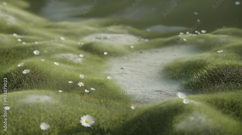 Cartoon Render of a Blind Box Scene with Green and Yellow Colors: Top View of Grass and Daisies Cartoon Render of a Blind Box Scene with Green and Yellow Colors: Top View of Grass and Daisies