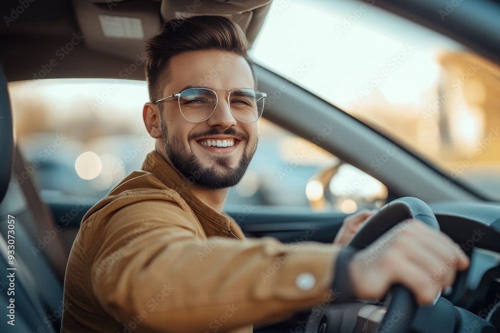 Smiling man sitting in a car looking outside through the open window bright sunlight Smiling man sitting in a car looking outside through the open window bright sunlight