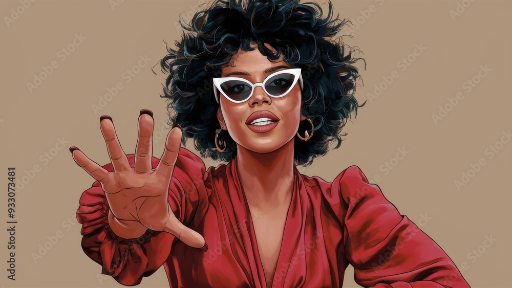A woman in a red dress with sunglasses and holding her hand out, AI A woman in a red dress with sunglasses and holding her hand out, AI