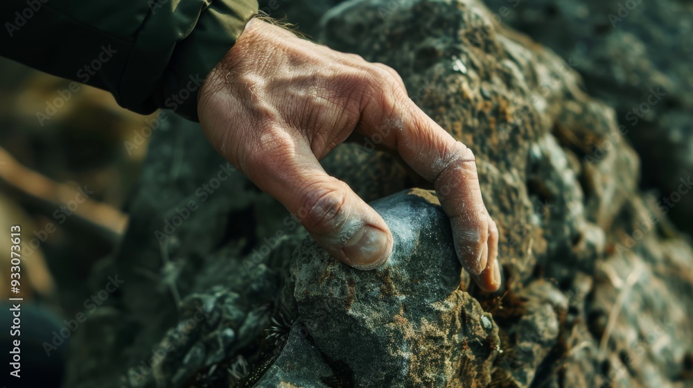 A close-up of a hand carefully grasping a rugged rock in a natural ...