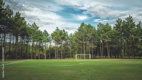 A tranquil soccer field set against a backdrop of towering pine trees under a partly cloudy sky, capturing nature and sports in harmony.