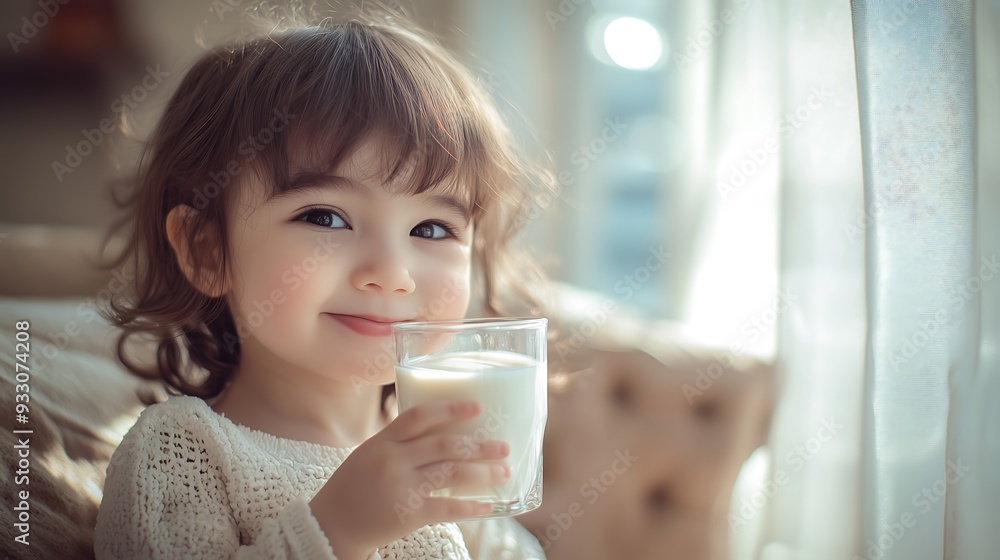 Sweet Child Enjoying Milk in Soft Morning Light Sweet Child Enjoying Milk in Soft Morning Light