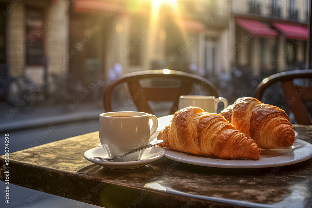 Frühstück mit Kaffee und Croissant an einem sonnigen Morgen in Paris, Generative AI