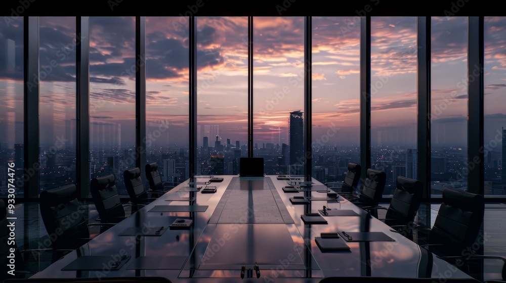Fototapeta premium A high-rise conference room offers a stunning sunset view over the city skyline, emphasizing modern architecture and urban elegance.