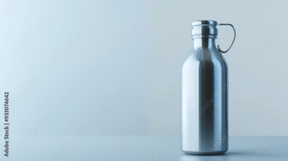 A stylish aluminum water bottle with a handle on its cap, set against a simple blue gradient backdrop, highlighting its sleek design and practicality. A stylish aluminum water bottle with a handle on its cap, set against a simple blue gradient backdrop, highlighting its sleek design and practicality.