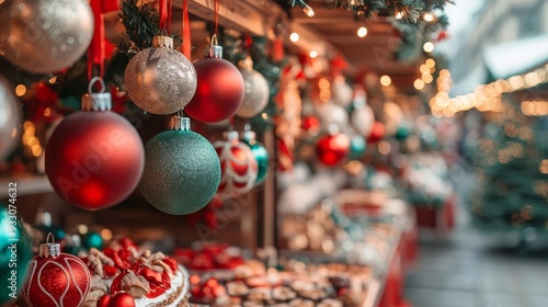 Christmas market with stalls selling ornaments, crafts, and festive treats, bustling holiday spirit