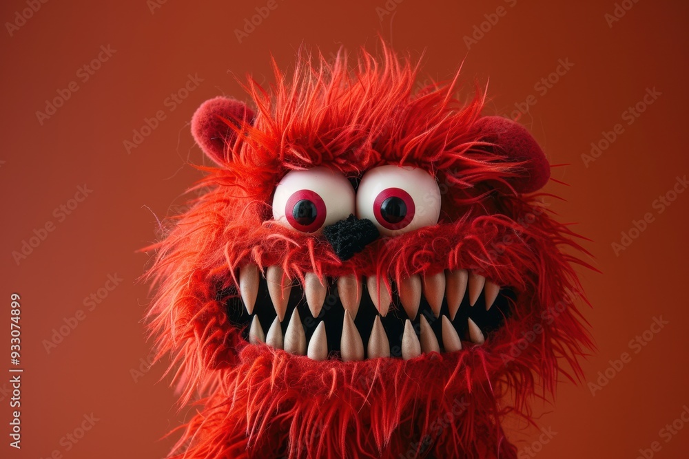 Fototapeta premium This expressive red furry monster puppet with big eyes and sharp teeth is perfect for adding a touch of humor to marketing campaigns.