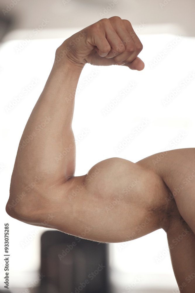 © Van Wyk/peopleimages.com - Bicep, fitness and flexing with person in boxing gym for physical power or strength closeup. Arm, exercise and muscle with strong athlete man in health club for challenge, improvement or training