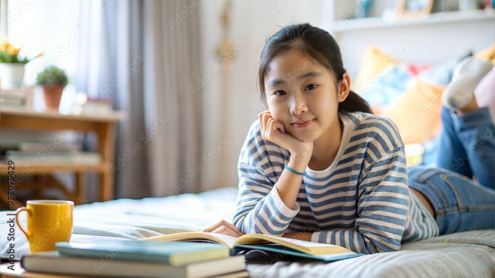portrait of teenage student sitting on floor leaning against bed and studying with laptop, copy space portrait of teenage student sitting on floor leaning against bed and studying with laptop, copy space
