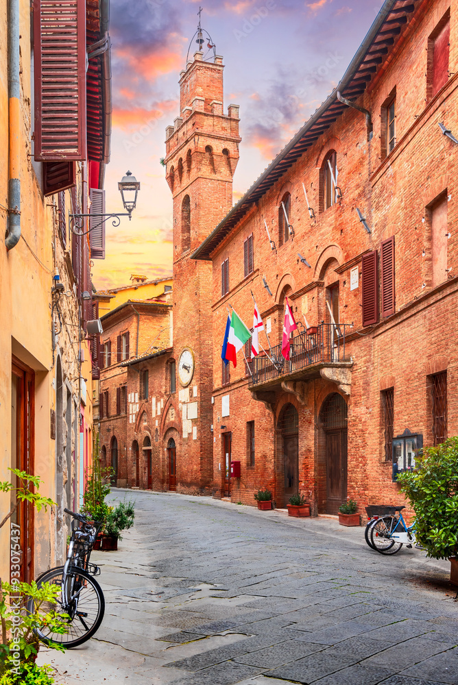 Buonconvento, Tuscany. Typical medieval tuscan town, in Province of Siena, Italy travel place.