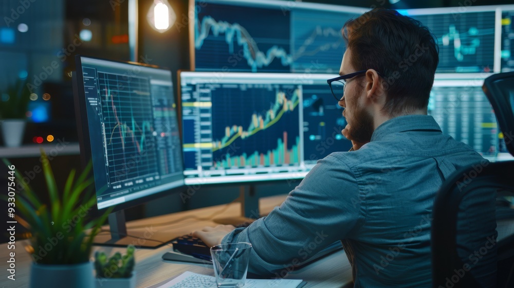 A focused analyst studies detailed financial charts on multiple monitors, reflecting the dynamic atmosphere of the trading floor. A focused analyst studies detailed financial charts on multiple monitors, reflecting the dynamic atmosphere of the trading floor.