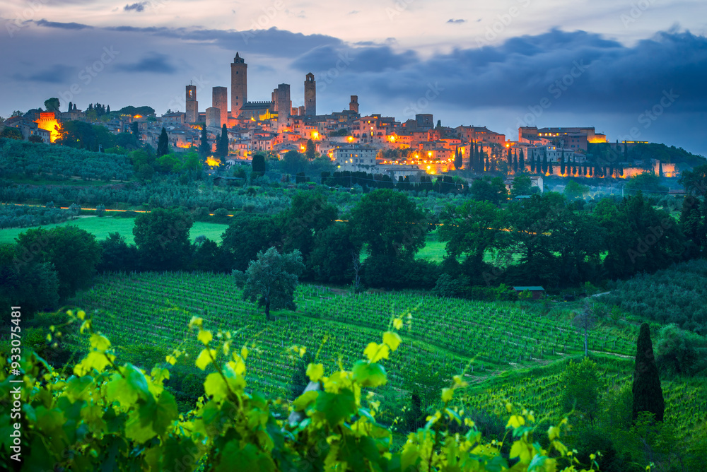 San Gimignano, Tuscany, Italy. Blue hour picturesque view of hilltop town in Toscana, famous for medieval towers.