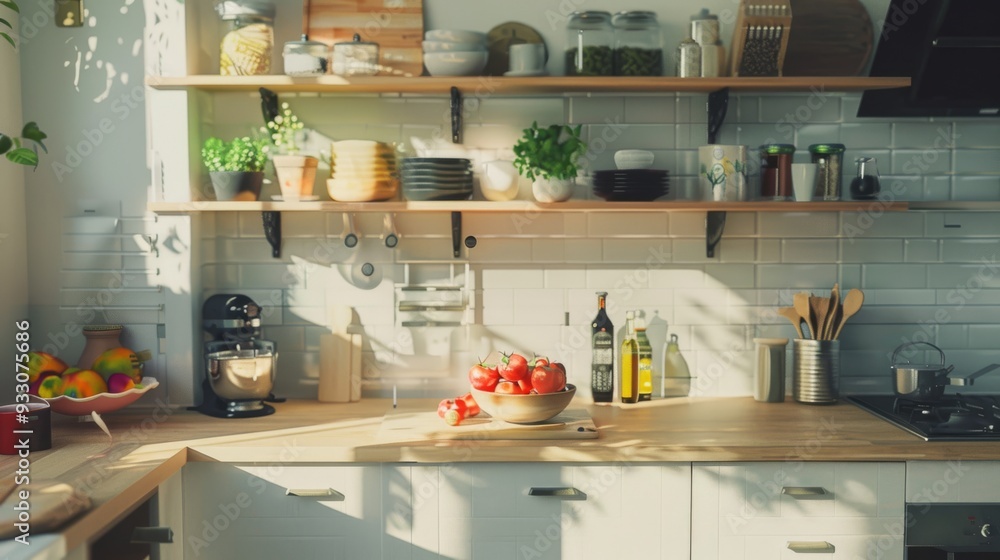 A rustic kitchen interior bathed in warm sunlight, showcasing tidy shelves with jars and kitchen essentials, creating a cozy and inviting atmosphere. A rustic kitchen interior bathed in warm sunlight, showcasing tidy shelves with jars and kitchen essentials, creating a cozy and inviting atmosphere.
