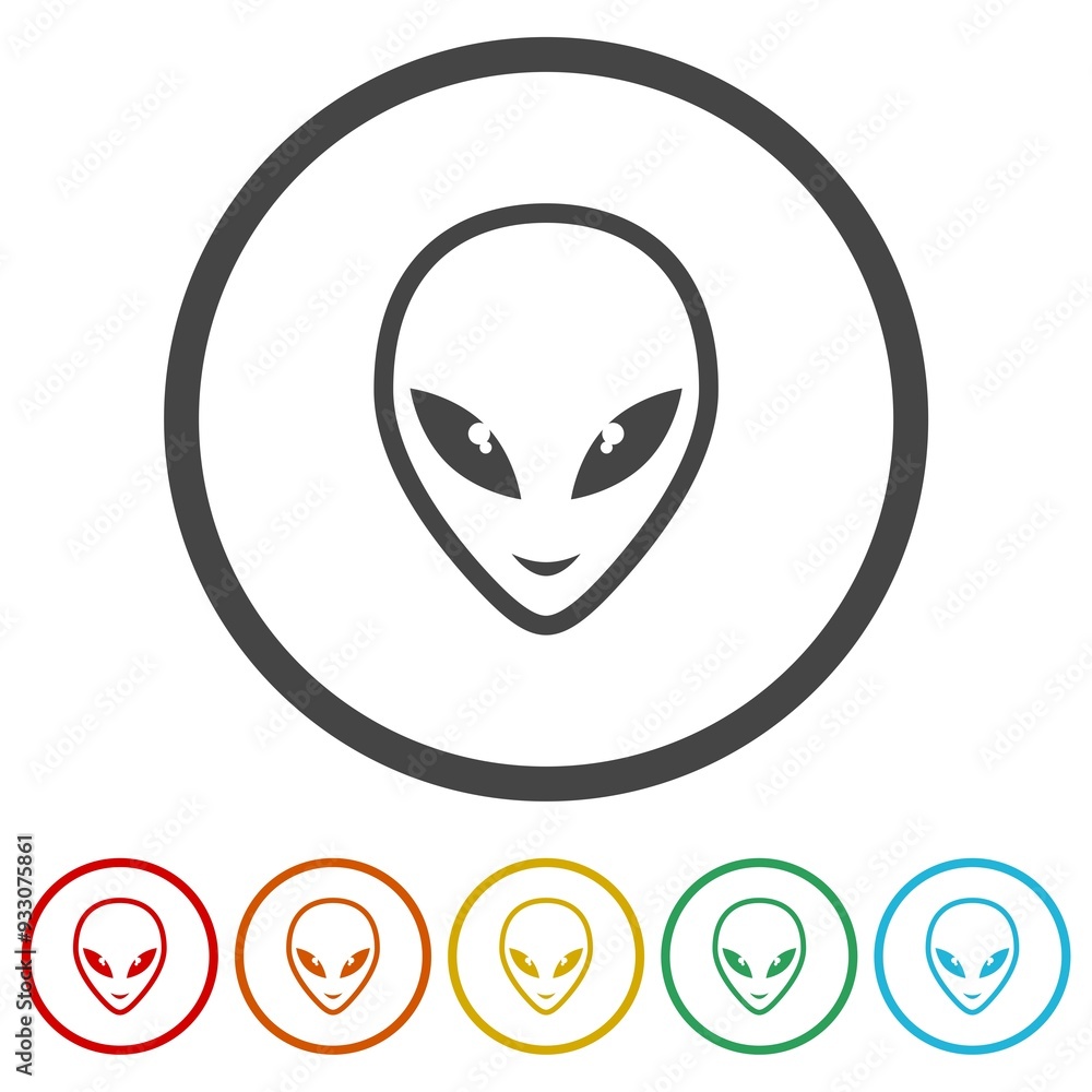 Fototapeta premium Extraterrestrial alien face or head icon. Set icons in color circle buttons